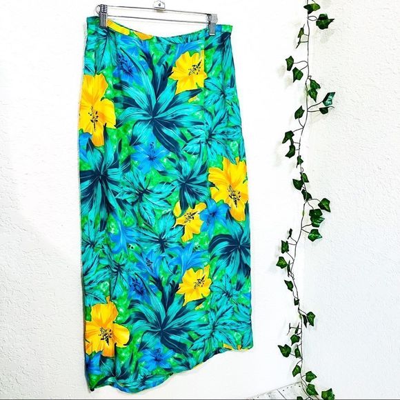 Vintage Dresses & Skirts - Vtg 70s SA DESIGNS HAWAIIAN FLORAL MAXI SKIRT GREEN YELLOW BLUE USA MADE RAYON